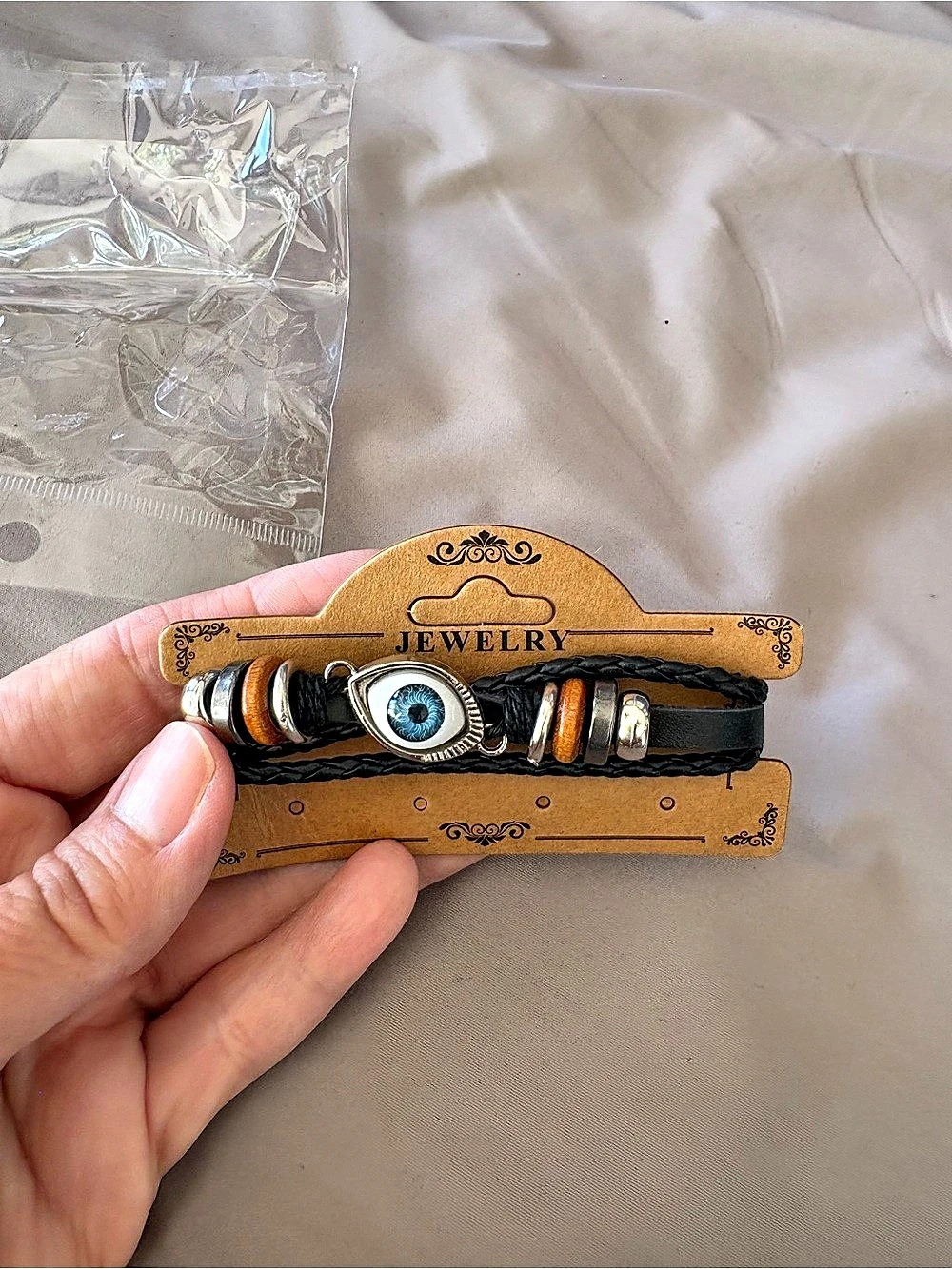 NWT Boho Layered Multi-Strand Evil Eye Leather Charm Bracelet Adjustable Black